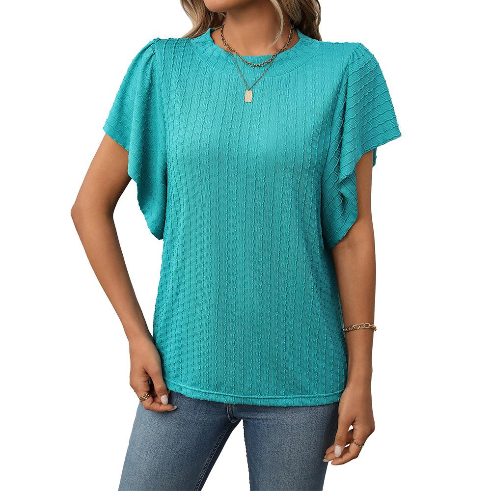 Summer Solid Color Round Neck Ruffle Sleeves Short Sleeved T-shirt Top