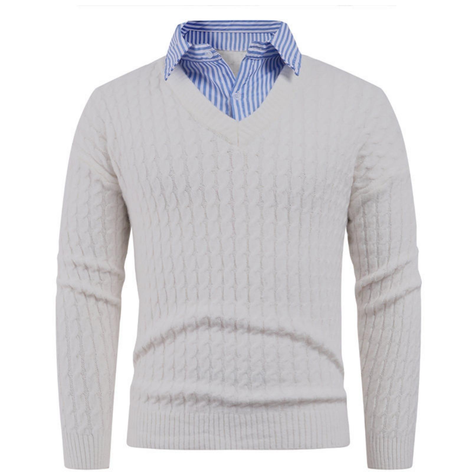 

Мужской однотонный повседневный пуловер с V-образным вырезом, вязаный свитер с двумя полосками на горловине XL белый