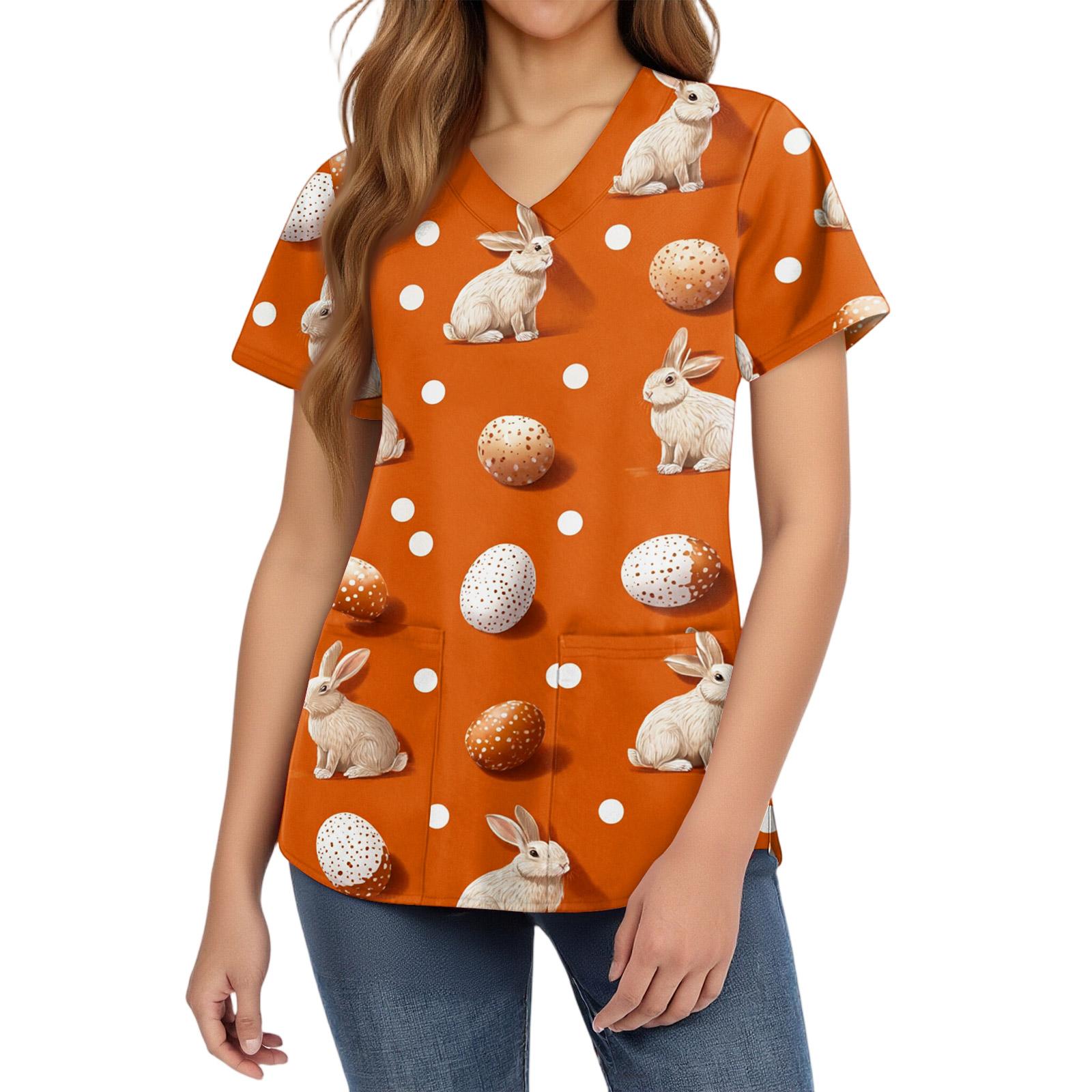 

Women s fashionable V-neck short-sleeved work uniform with pockets, Easter print top, caregiver uniform. XXL помаранчевий