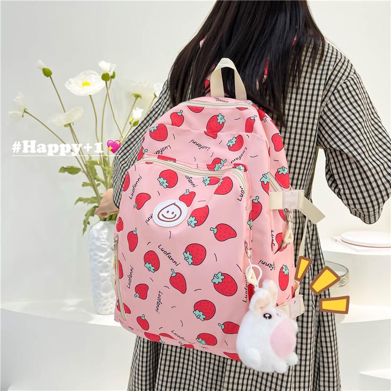Cartoon Strawberry Printed Backpack New Cute Little Fresh Girl Heart Junior High School Student College Student Schoolbag