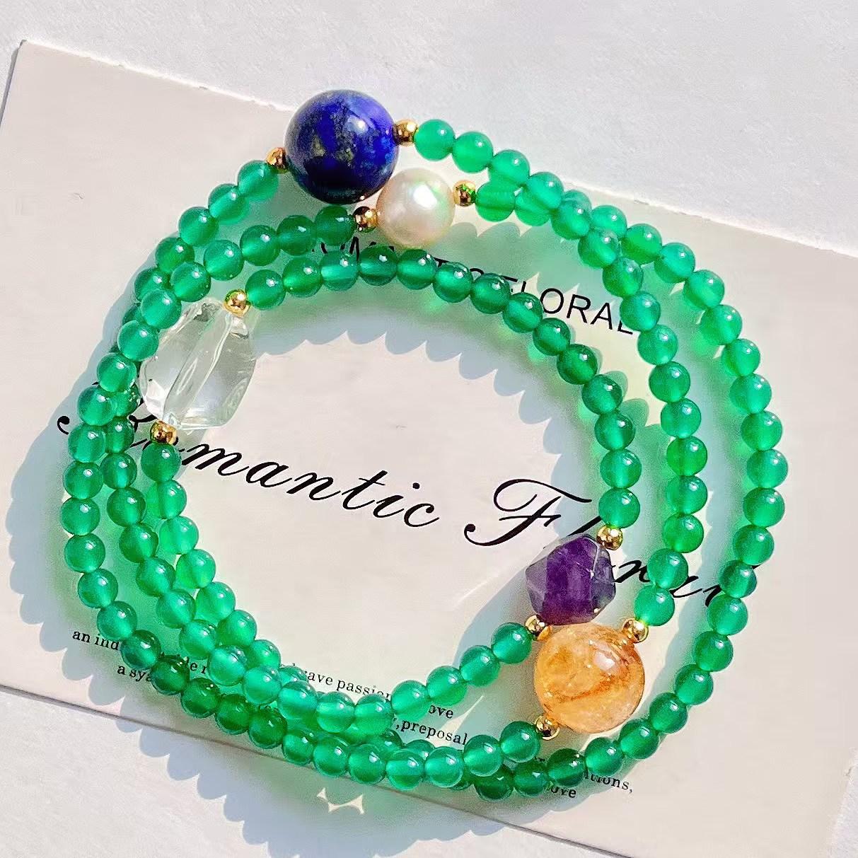 Vintage High Quality Vitreous Emperor Green Natural Chalcedony Lapis Lazuli Citrine Bracelet Bracelet