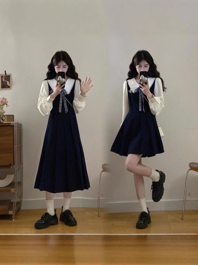 Plus Size Pleated Princess Dress with Doll Collar - College Style, Autumn/Winter Waist-Cinching Design