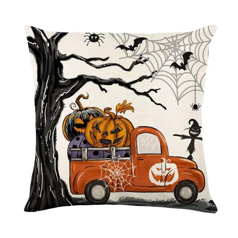40/45/50cm Halloween Party Decorations Linen Pillowcase for Sofa Black Witch Ghost Print Throw Pillow Cover Home Decor