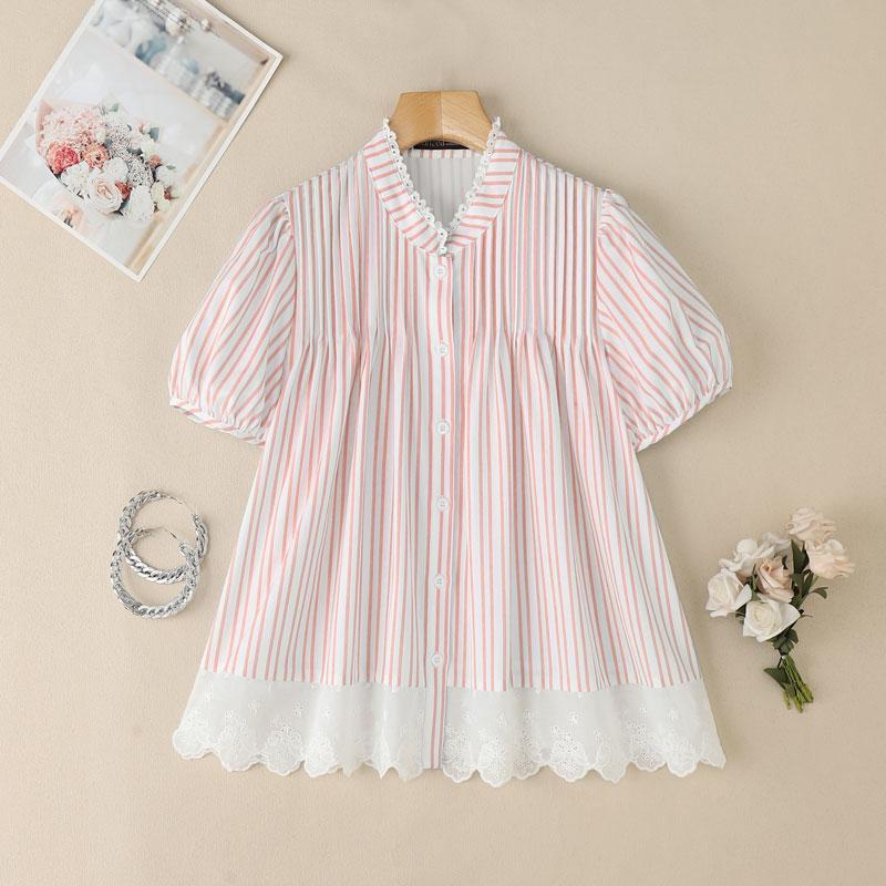 ZANZEA Women Casual Turn Down Collar Short Sleeve Lace Splice Stripe Blouse
