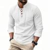 Men White Linen Blend Stand Collar Lace-Up Long Sleeve Casual Shirt