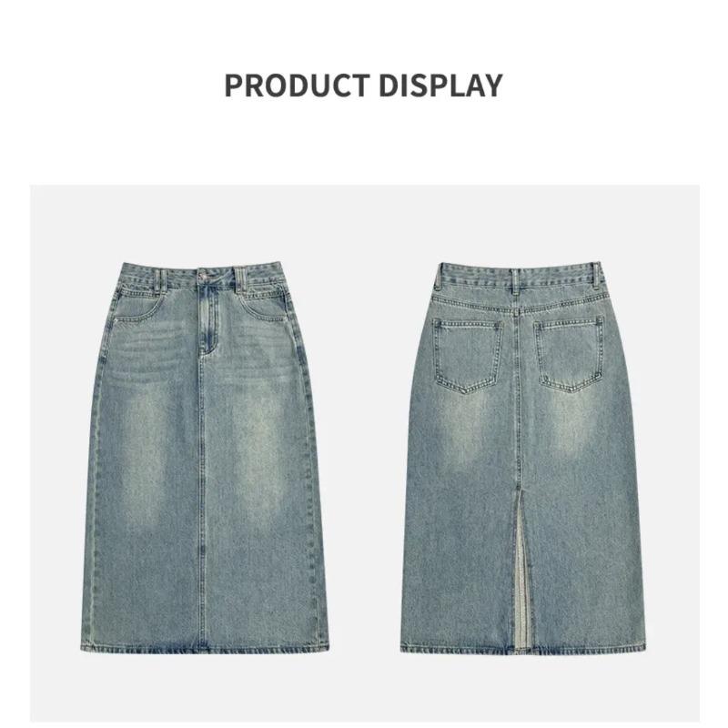 Split Denim Half-body Skirt Women's Summer High Waist Mid-length Denim Skirt A-line Skirt