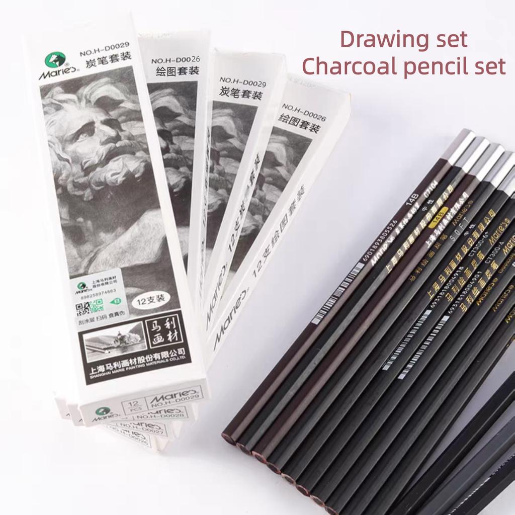 Sketch pencils, drawing set including HB/B/2B/4B/6B/8B, charcoal set including soft, medium and hard charcoal pencils