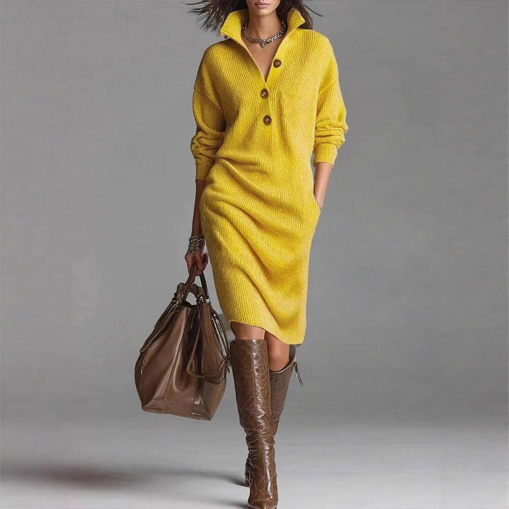 Knit Dress For Women Oversized Turtleneck Sweater Dress With Buttons For Casual Wear