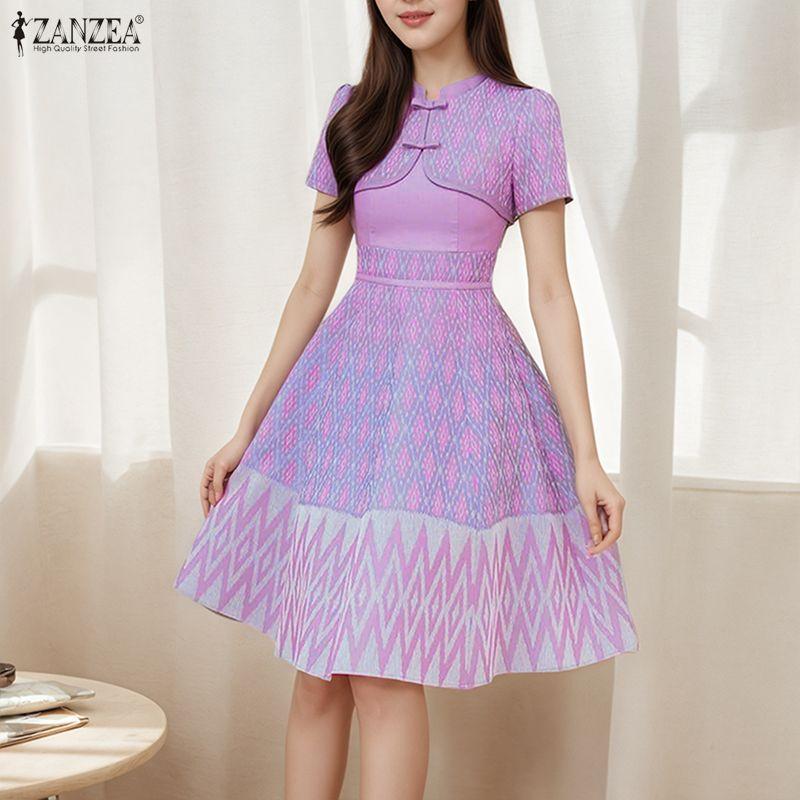 ZANZEA Women Summer Stand Collar Casual Short Sleeve Print Dress