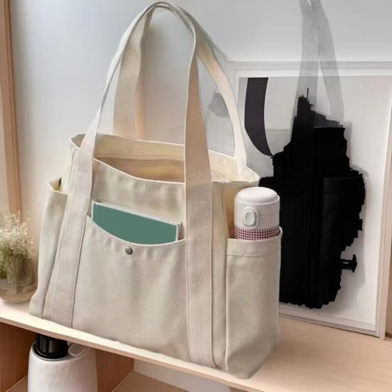 Women Canvas Shoulder Bag Heavy Duty Work Tote with Side Pockets Zip Closure Handbag for Travel Shopping Commuting Gym