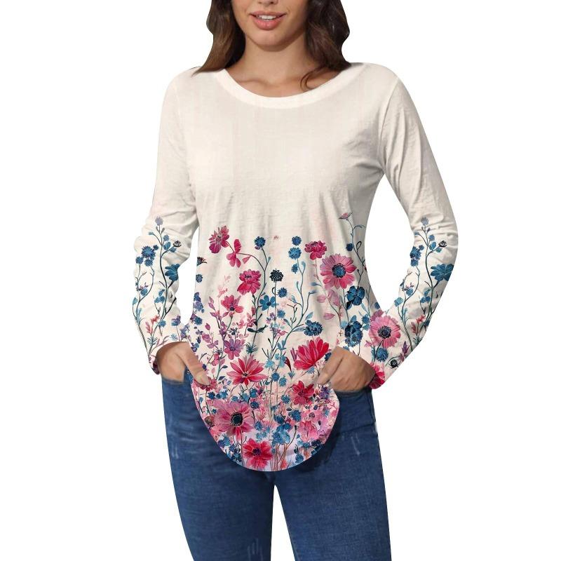 Shirts for Women Cute Vintage Pattern Print T-Shirt Long Sleeve Tunic Tops Cotton Pullovers T-Shirts Women’s