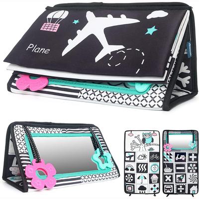 Tummy Time Floor Mirror with Crinkle Cloth Book and Teethers,Black and White High Contrast,Developmental Montessori Sensory Crawling Toy for Newborn