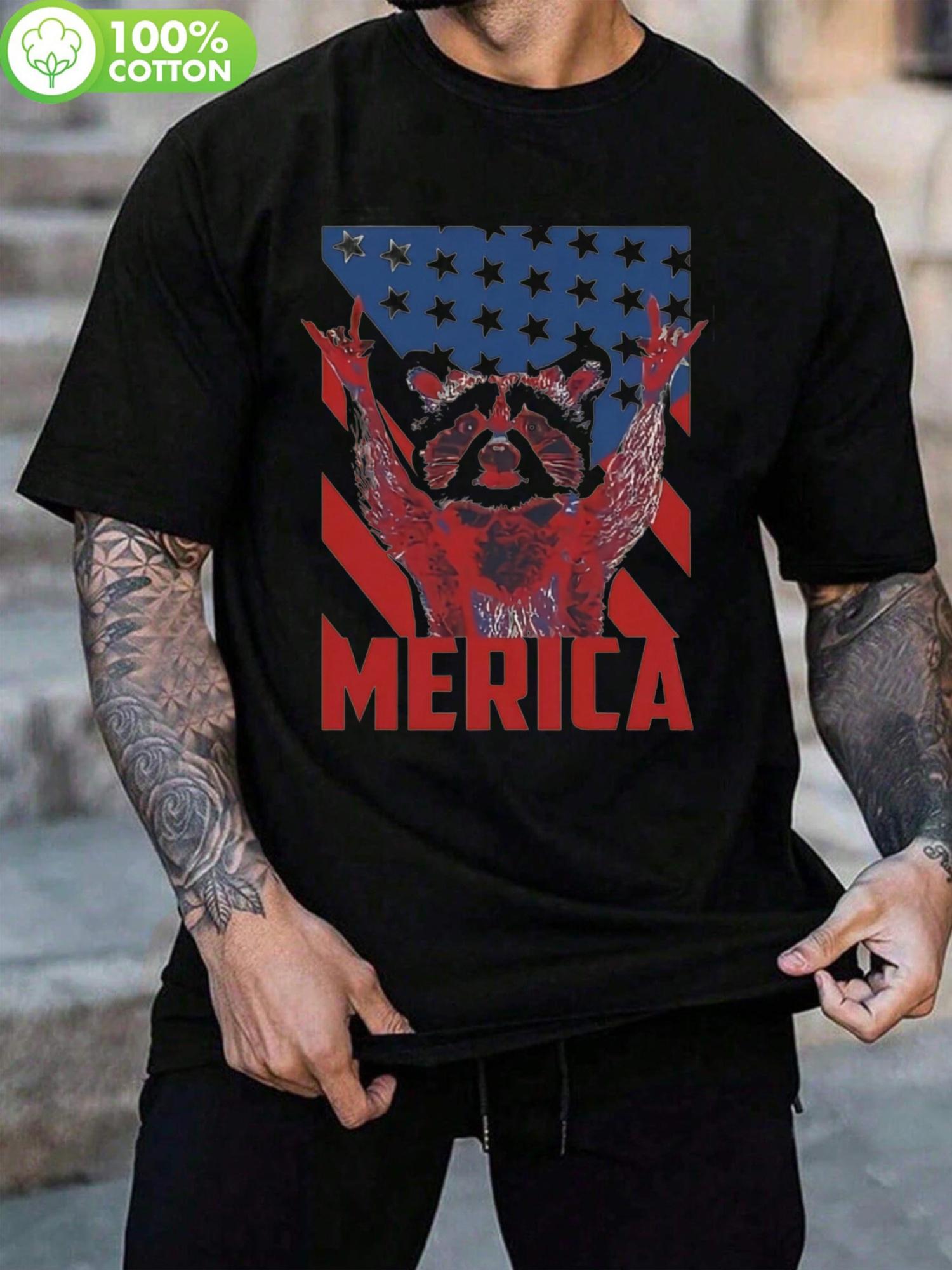 Patriotic Raccoon American Flag Cotton T-shirt - Soft S