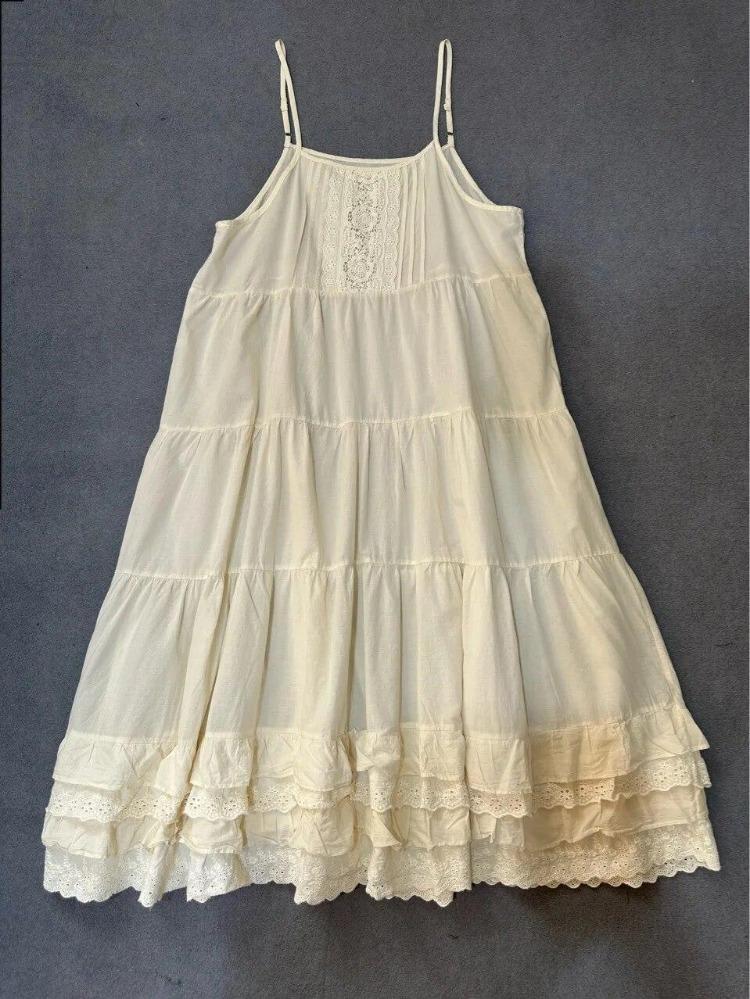 

Summer New Women Casual Dresses Johnature Sweet Mori Japanese Loose Slip Dress Patchwork Lace Cotton Render Cake One Size бежевый