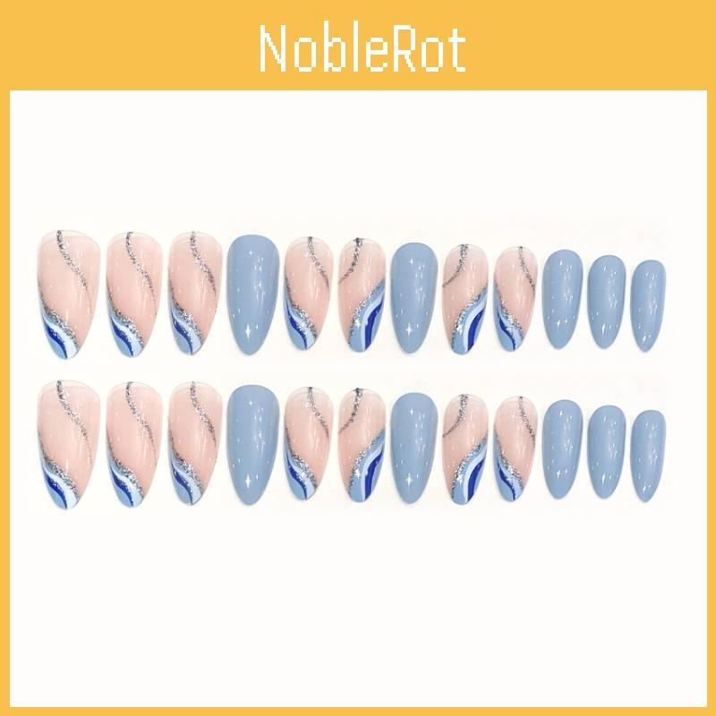 Almond-shaped Simple Wave Blue White French Spring And Summer New Product Fresh And Pure Wearable Nail Art Piece W12