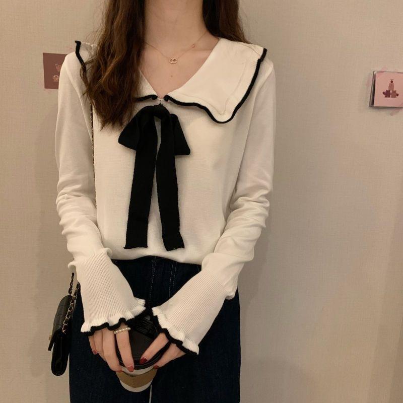 

Женская вязаная блузка с воротником Питер Пэн и галстуком-бабочкой, с длинным рукавом One Size белый