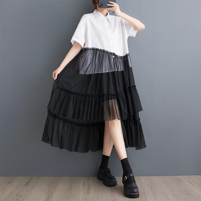 Kurzarm-Kleid aus Netzstoff in Übergröße, neu im Vintage-Stil, für Damen, lässig, locker, lang, Sommer-Hemdkleid