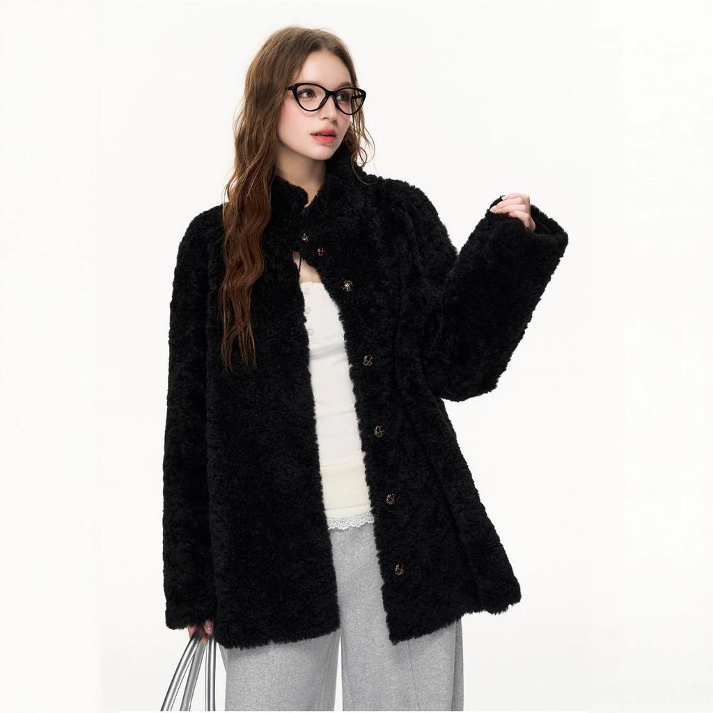 [Oat Black Qiao] Stand-up collar loose circle wool environmentally friendly wool thickened coat jacket