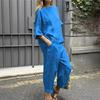 Damen 2-teiliges Leinen-Outfit-Set Bootausschnitt Halbarm Taschen-Oberteile Weite Cropped-Hosen Lässiger Sommer-Loungewear-Anzug