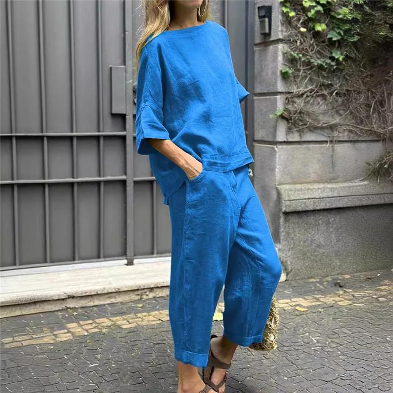 Damen 2-teiliges Leinen-Outfit-Set Bootausschnitt Halbarm Taschen-Oberteile Weite Cropped-Hosen Lässiger Sommer-Loungewear-Anzug