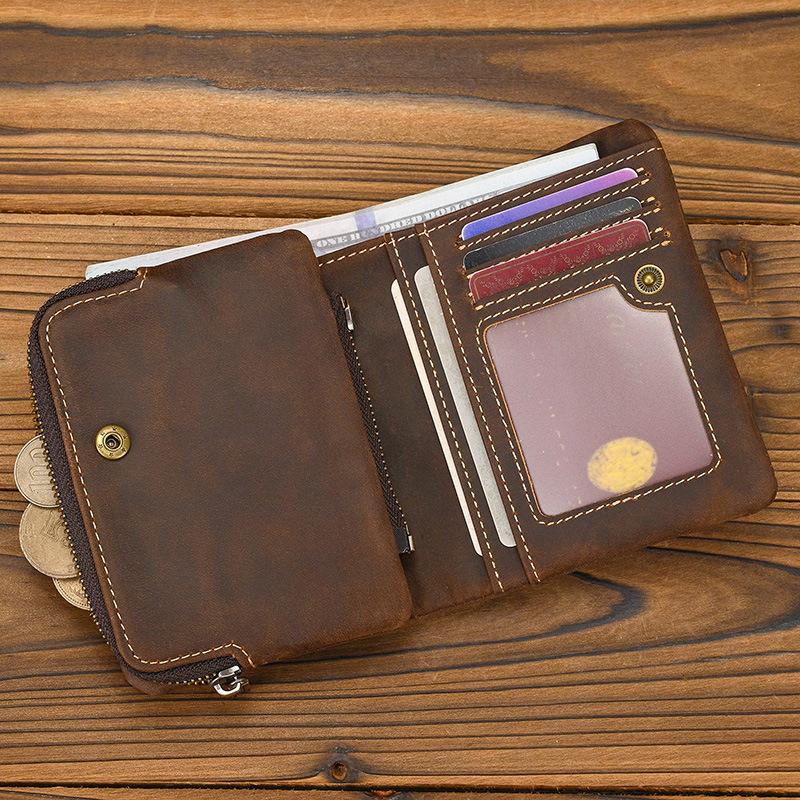 New Retro Leather Short Wallet with Zipper Change Bag Snap Button Wallet Crazy Horse Leather 20% Off Multi-card Wallet