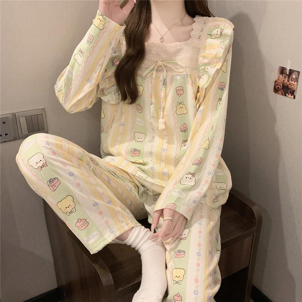 Cartoon Cute Lace Sweet Lady Pajamas Ruffled Square Collar Bow Lounges Autumn Winter Cloud Cotton Nightgown
