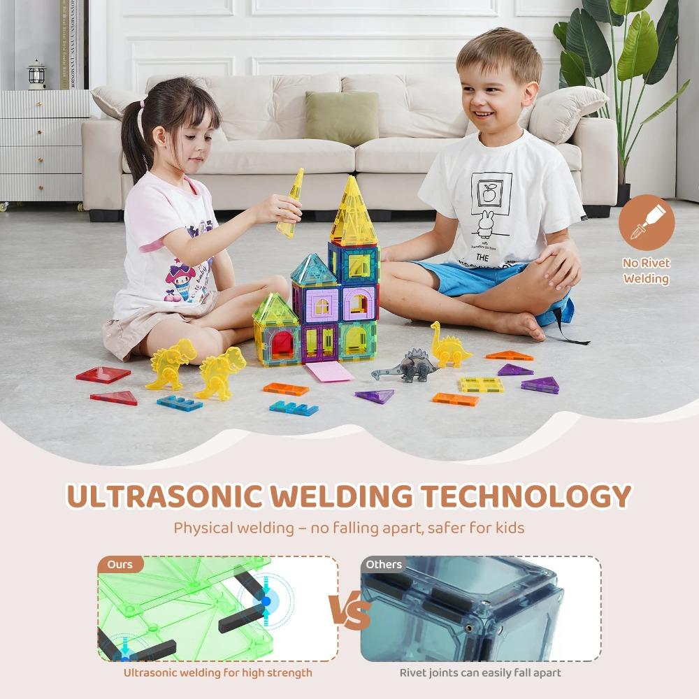 SucceBuy 56PCS Magnetic Tiles Magnet Building Blocks with 4 Dinosaurs Construction Stacking Stem Educational Toys for Kids