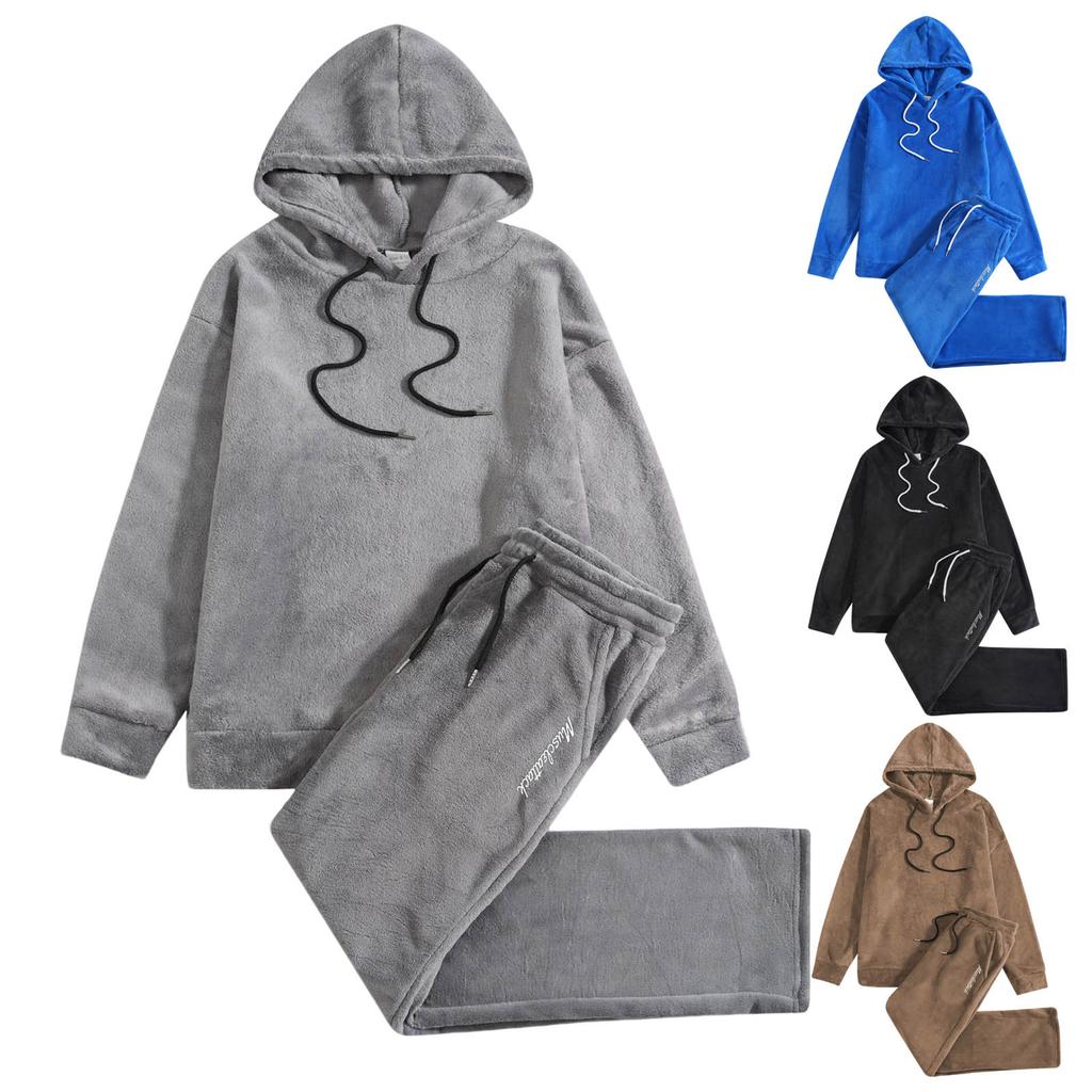 Men's Color Hooded Pullover Sweatshirt With Letter Printed Pants Set