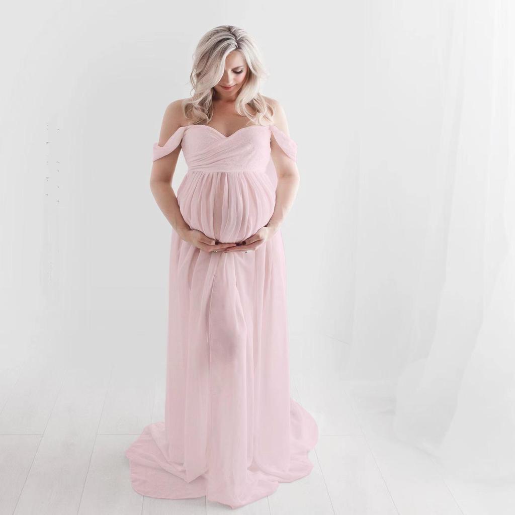 Elegant Lace & Chiffon Elastic Maternity Gown for Photoshoots