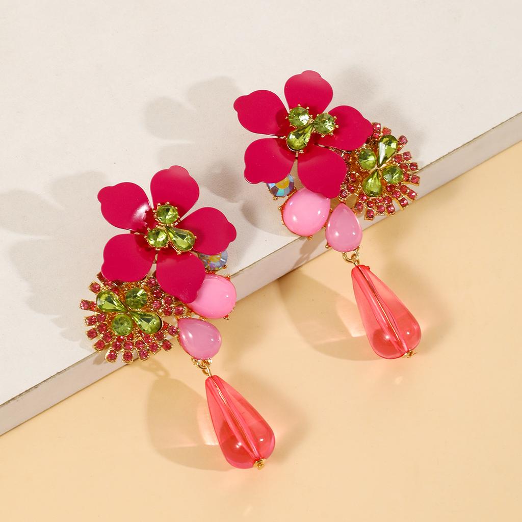Resin Flower Retro Personality Exaggerated Versatile Water Drop Pendant Earrings
