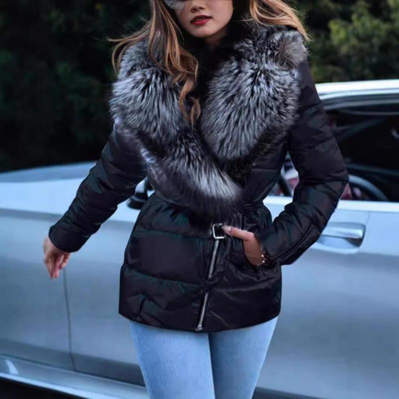 Giacca imbottita in cotone con maniche lunghe e collo in pelliccia da donna, autunno e inverno