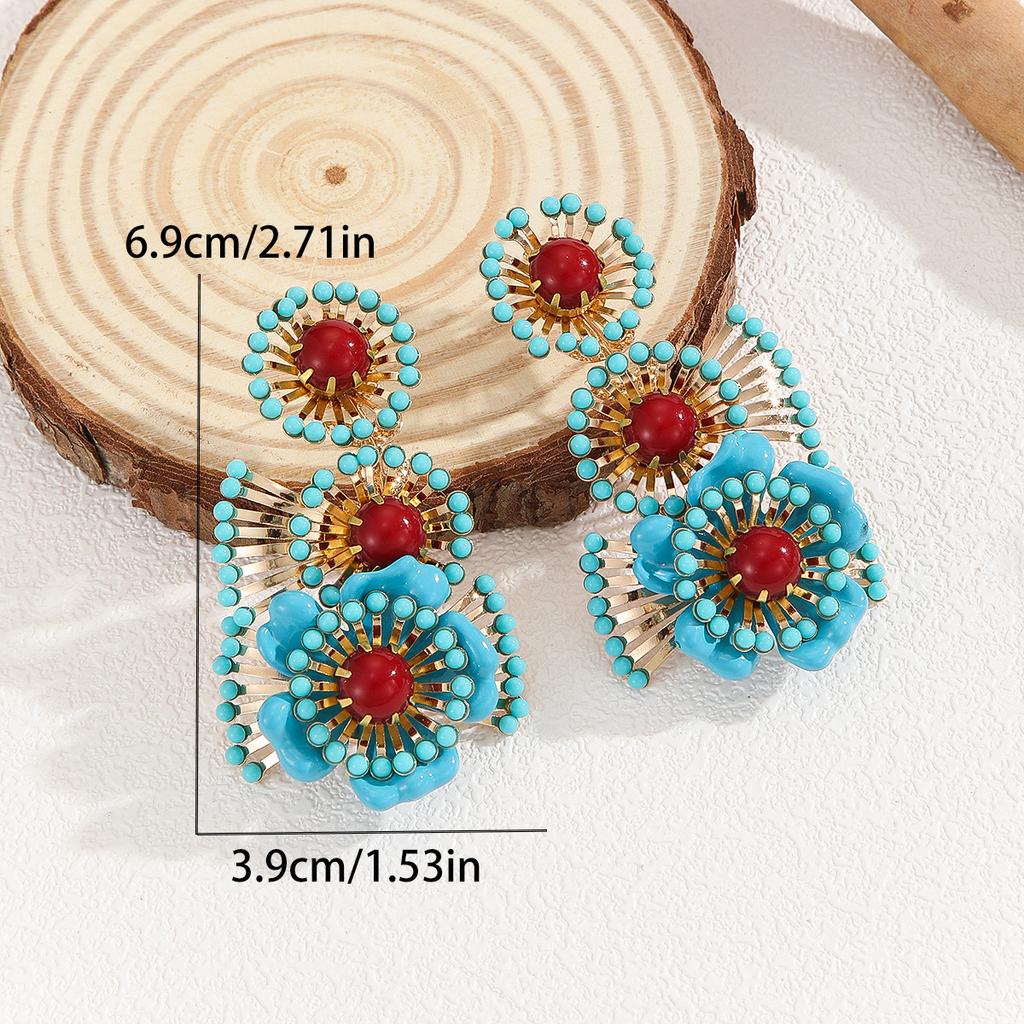 Metal Heavy Handmade Earth Blue Plus Red Acrylic Diamond European and American Style Exaggerated Atmosphere Party Women Earrings