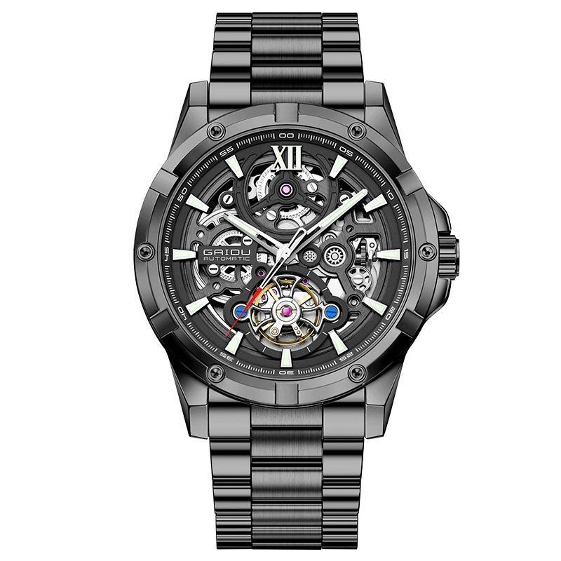 

Роскошные часы-турбийон с автоматическим механическим механизмом, модные скелетоны, мужские часы, водонепроницаемые, люминесцентные, ремешок из нержавеющей стали, часы с открытым механизмом чёрный