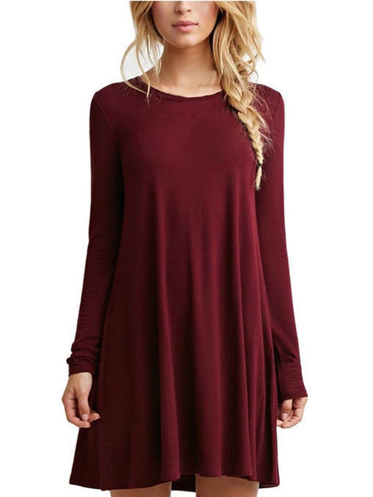 Klobiges Herbst Winter Neuer Stil Locker Geschnitten Einfarbig Langarm Freizeitkleid