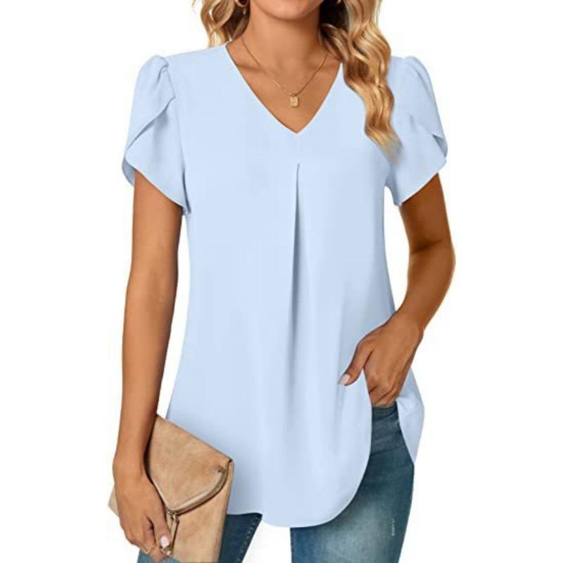 EastRogue Women's Fashion Casual Summer Solid Color Print Short Sleeve V-Neck Blouses & Shirts