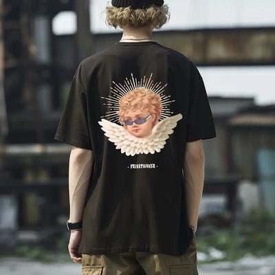 Cute Angel Men Oversized Cotton T-shirts Short Sleeve Hip Hop Tops For Male Fashion Summer Clothing Streetwear O-neck Tees
