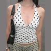 Women's Polka Dot Halter Crop Top V-Neck Ruched Sleeveless Blouse