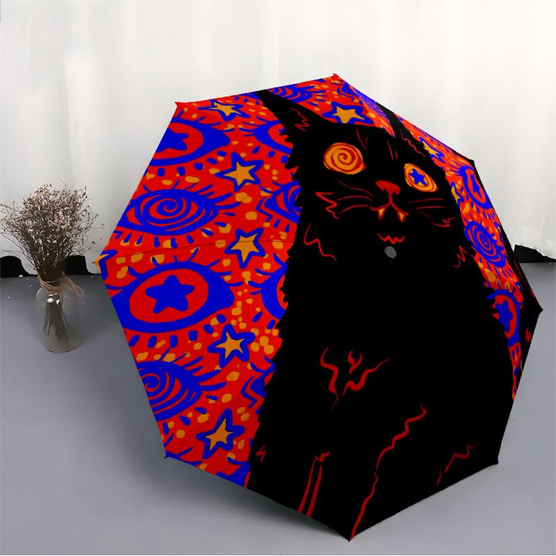 1pc Psychedelic Cat Automatic Open/Close Umbrella Compact Folding Umbrella, All-Season Portable Umbrella for Women/Men289