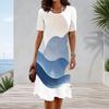 Women Plus Size Round Neck Short Sleeve Blue Beige White Printed A Line Dress