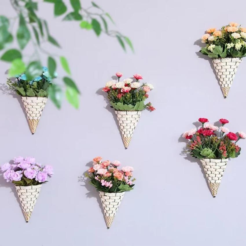 1Pcs Flower Basket Vase Rattan Wall Hanging Pot Planter Rattan Vase Basket Decor Wall-mounted Wrought Iron Natural Wicker