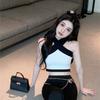 Pure Desire Chic Sweet Babes Sexy Short Neck Vest Women Wear Contrasting Color Off the Navel Sleeveless Top Women Ins Tide