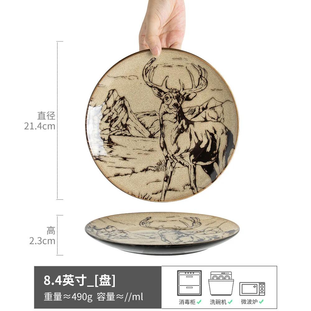 

Винтажная керамическая тарелка-миска с изображением животных, расписанная вручную, домашние столовые приборы, креативная тарелка для салата в стиле вестерн со стейком