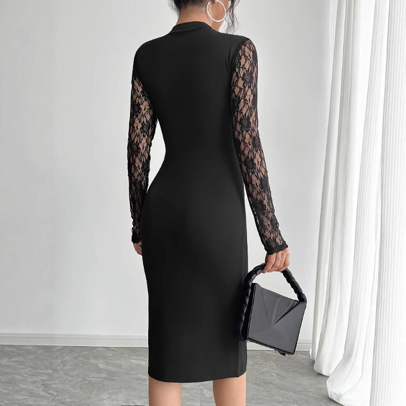 2025 Autumn New Women's Solid Color Contrast Lace Slit Sexy Tight Dress