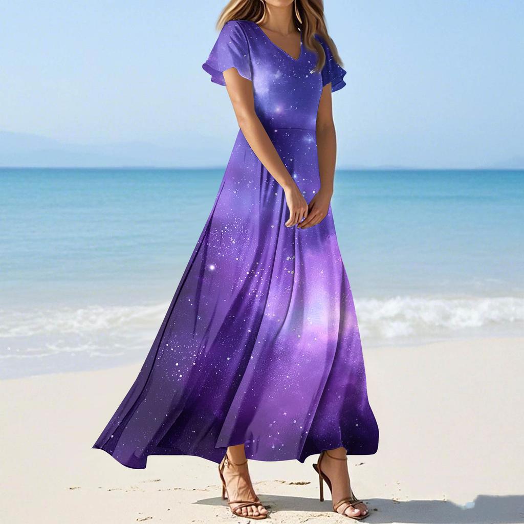 Women's Summer Casual Fashion -Print V-Neck Short-Sleeve Patchwork Dress