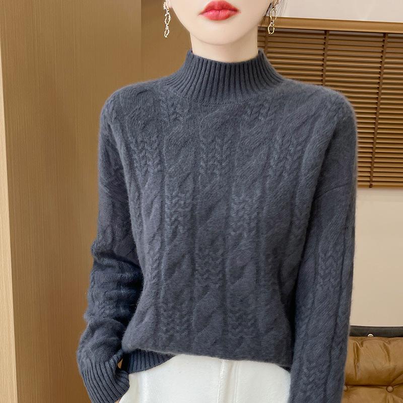 2024 Autumn/Winter Women's Wool Sweater: Thick Cable Knit, Half-High Neck, Versatile Base Layer
