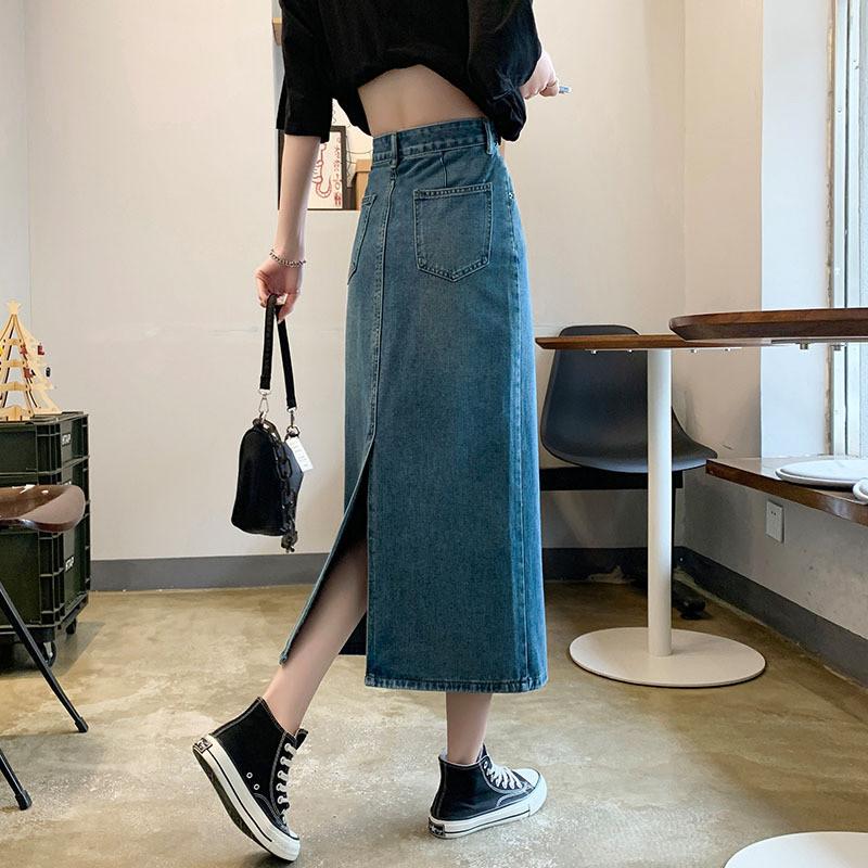 Denim Skirt Waterwash A Line Midi Skirt With Side Slit For Casual Women