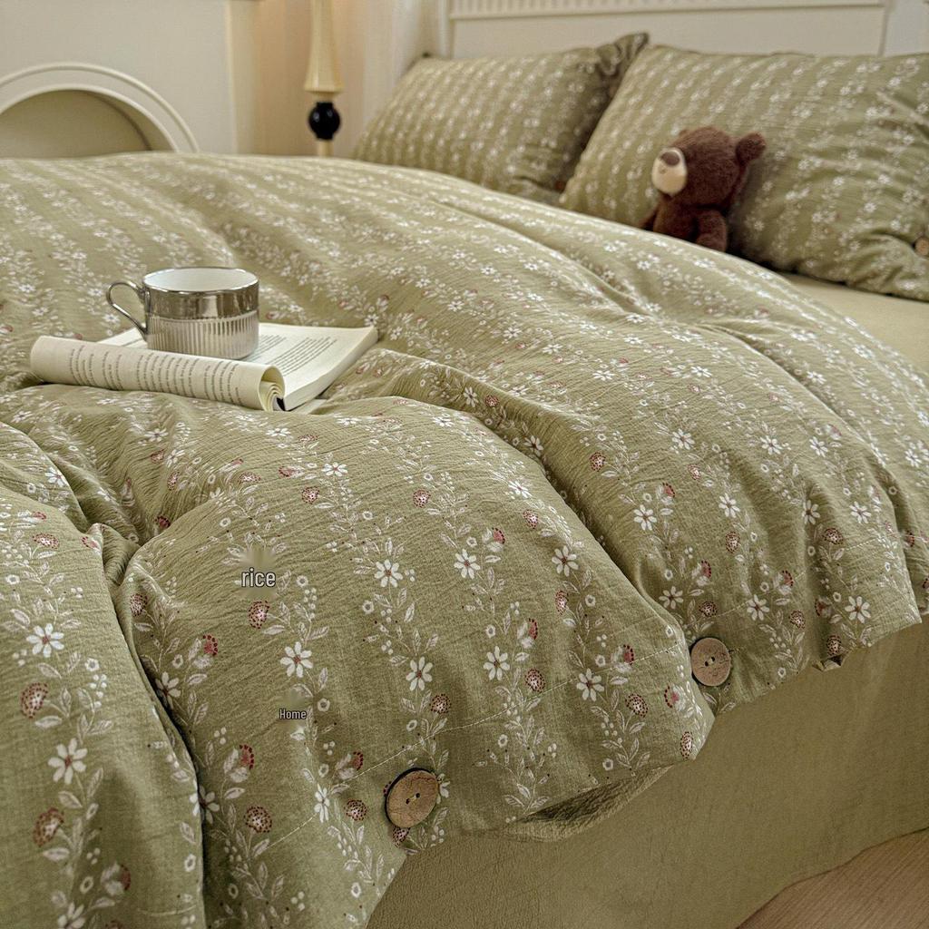Washed Cotton Linen Floral Button Style Bedding Set (3-Piece)