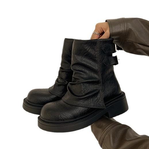 British retro design pleated leather boots slim short boots autumn and winter muffin thick-soled trousers women's knight boots