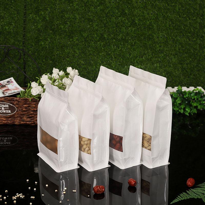 White Kraft Paper Self-Sealing Stand-Up Bag with Window - Tea and Gift Packaging