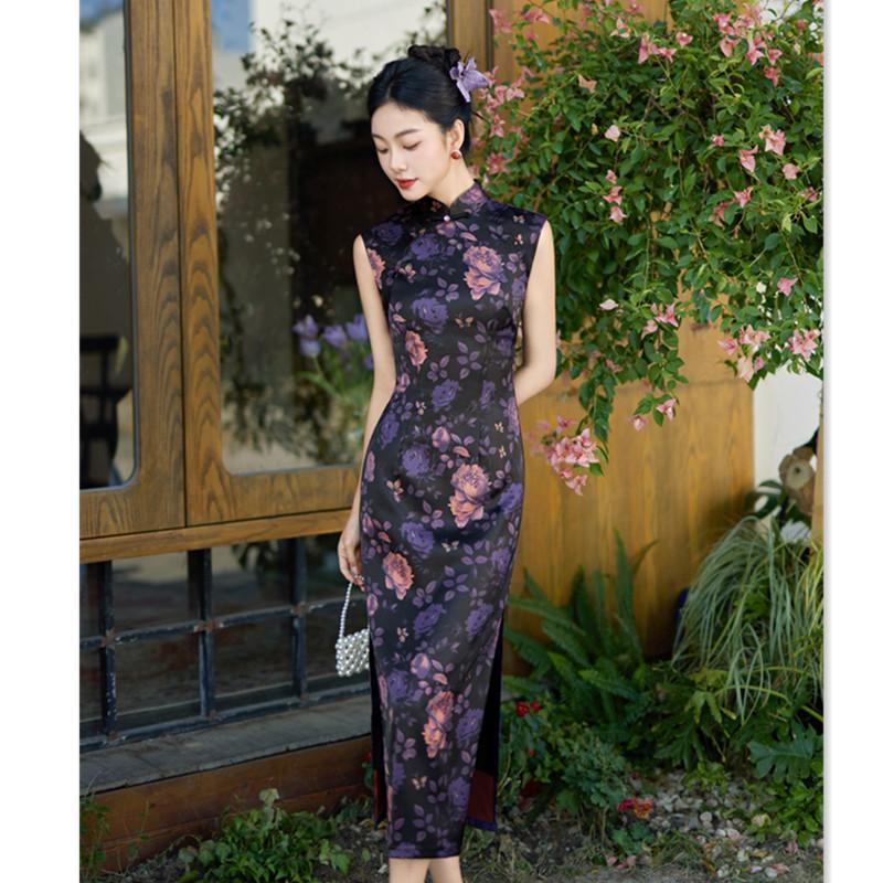 Hong Kong style Chinese long double-layer sleeveless cheongsam spring and summer new retro national style young girl daily cheongsam